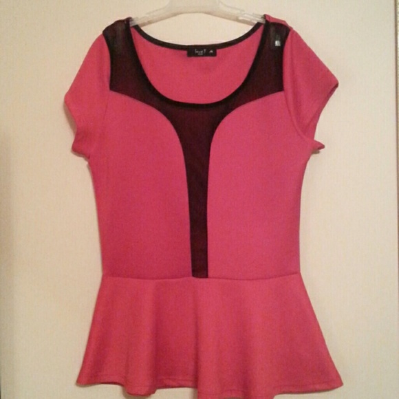 Red peplum top with black mesh detailing NWOT