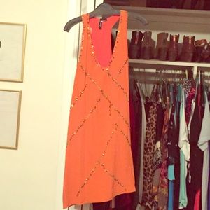 Orange Aryn K sleeveless shift dress w gold sequin