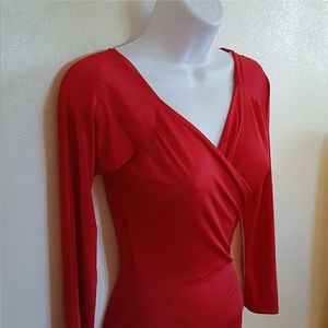 Red Deep V Neck Long Sleeve Dress