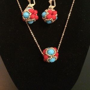 Red and blue necklace set with earrings