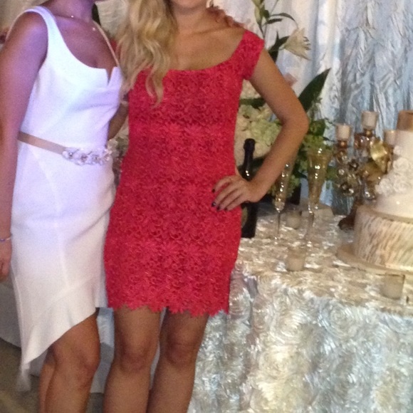 Dresses & Skirts - Red lace off the shoulder cocktail dress!