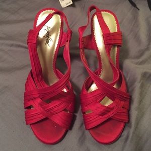 Red satin heels