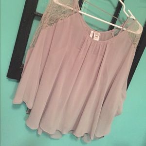 LC Lauren Conrad - Sheer Gray Top w/ Lace Sleeves