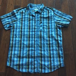 Collared blue button-down shirt