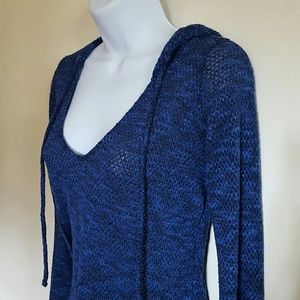 Blue Hooded Low V Neck Sweater