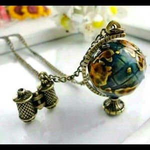 New Vintage Bronze Globe & Telescope Necklace