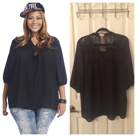 Plus Size Black Lace Henley Top