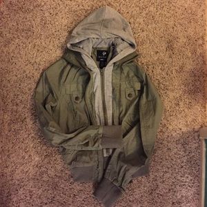 Army green jacket with hood attached