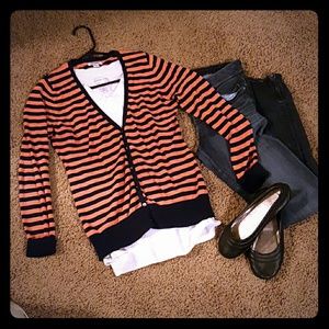 Coral and navy cardigan sweater