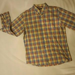 Yellow,red, blue and more button up t shirt.