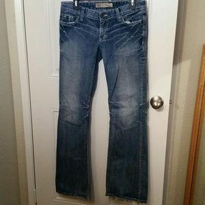 Blue denim with faded knees