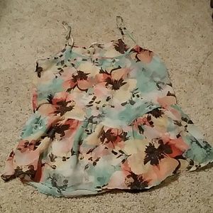 Floral Pastel Coral Teal Sheer Tank Top sz Medium