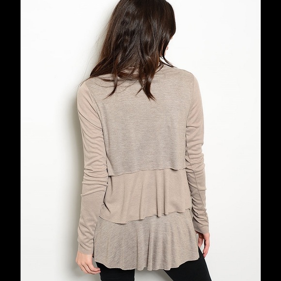 MOCHA RUFFLED MIXED KNIT OPEN FRONT CARDIGAN - Picture 2 of 2