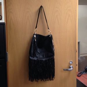 Faux leather black fringe purse w/ gold studs