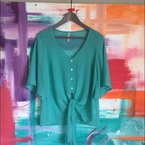 Sole Mio teal sheer button up blouse with tie up