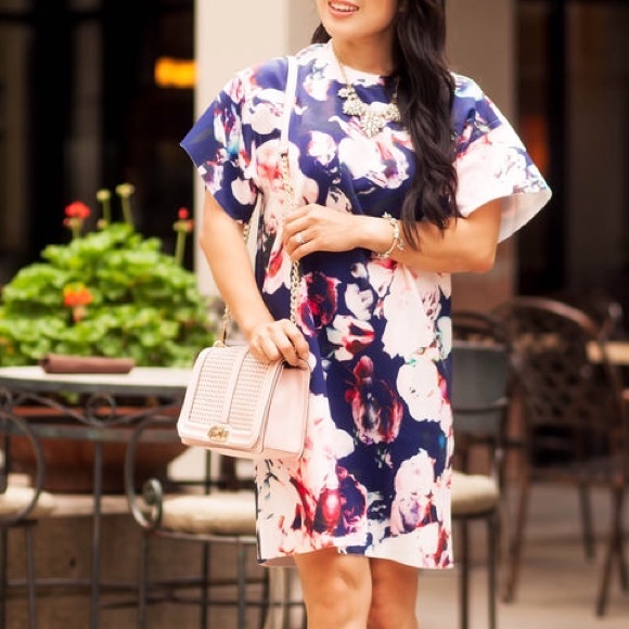Navy & Pink Floral Short Sleeve Tunic Dress, L