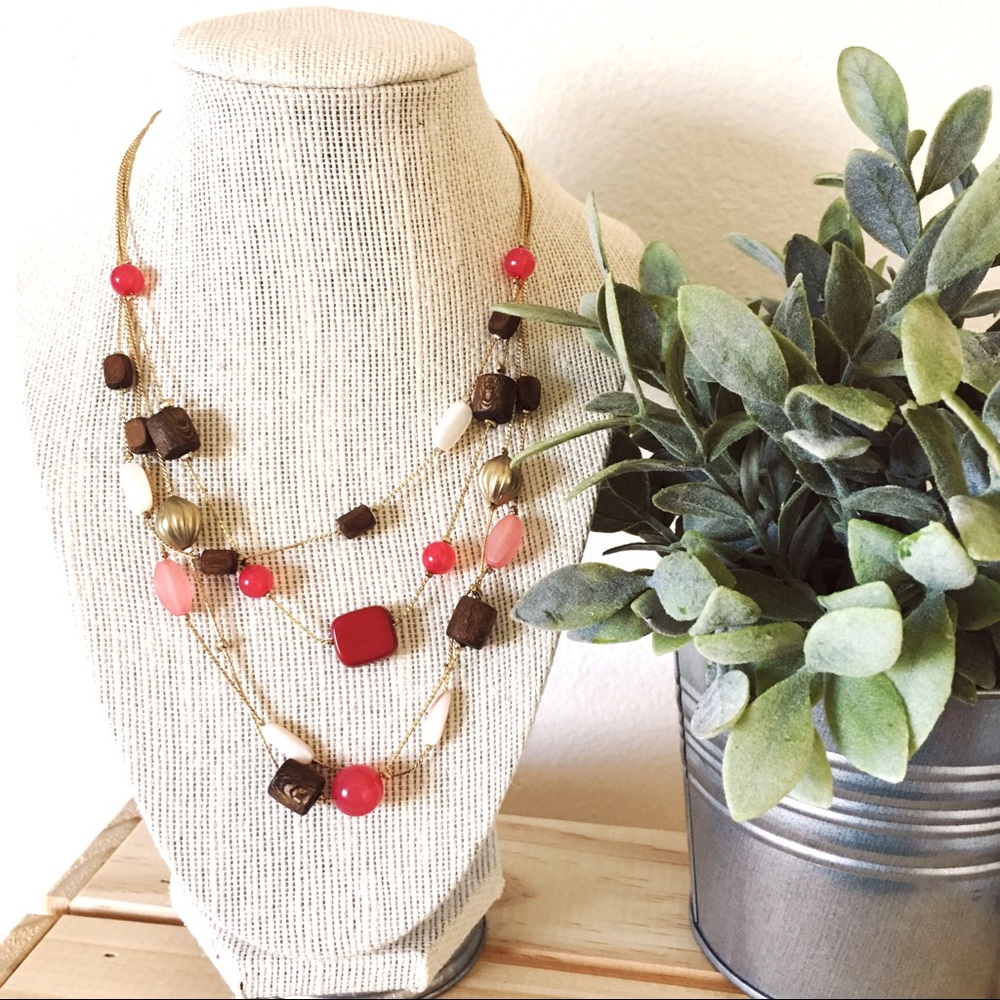 Pink & gold multi layer necklace brown wood beads