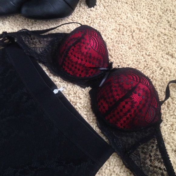 Sexy Super Padded Red Bra with Black Lace Overlay