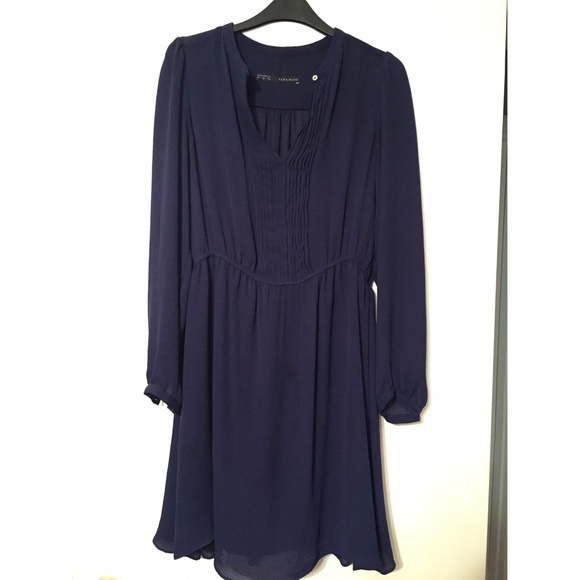 Zara Basic Navy Swing Dress Pleat Front Detail, M