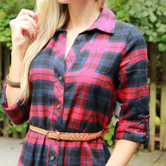 SOLD OUT Red Plaid Flannel Belted Dress - Picture 2 of 4