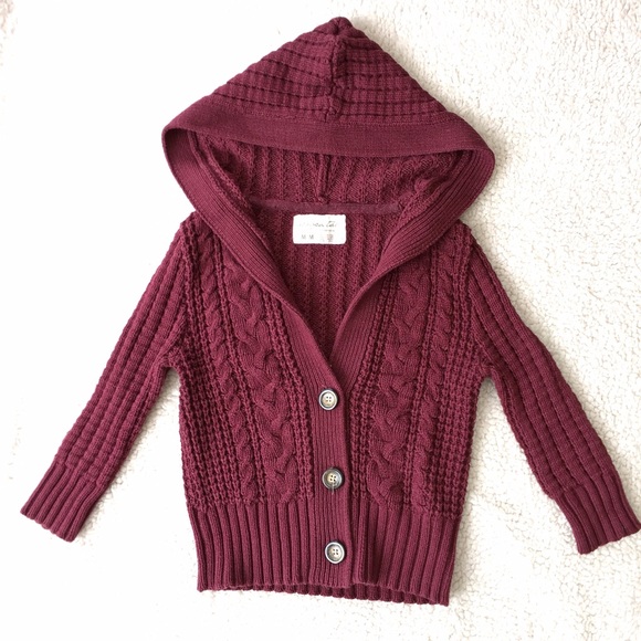 Burgundy wine red cable knit hooded cardigan - Picture 2 of 3