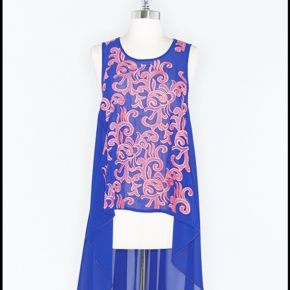vintage inspired flowery sapphire hi-lo top