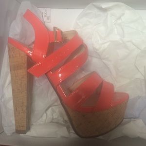 coral and tan high heels