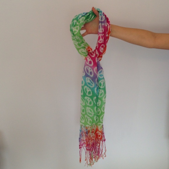 Multicolored peace sign scarf.