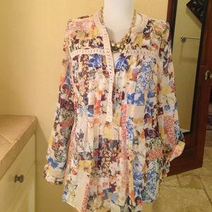 Anthropology cream & print colored cotton  top.