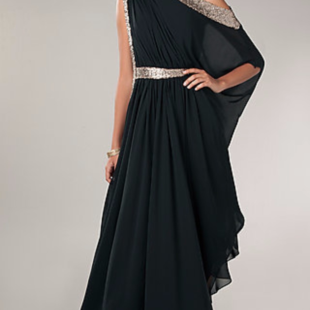New Temptation Grecian asymmetrical dress w/gold.
