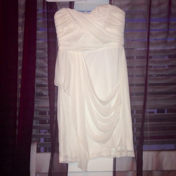 Short white chiffon draped bridesmaid dress.