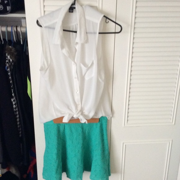 Sheer shirt and teal skirt