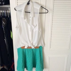 Sheer shirt and teal skirt