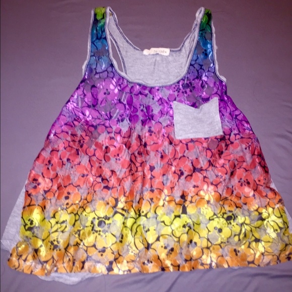 Rainbow floral lace grey tank top.