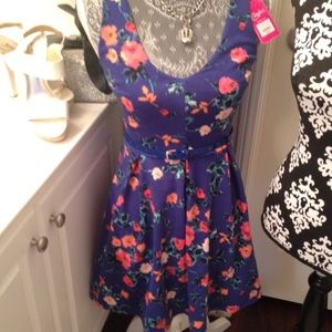 Blue colorful Floral Dress Cute Back Bow NWT