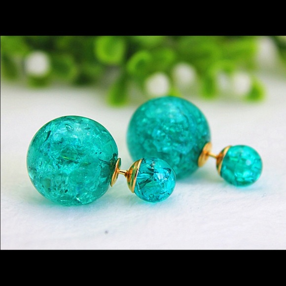 Teal blue Double glass earring stud