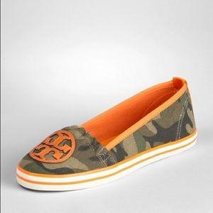 Tory Burch camo flats with orange logo