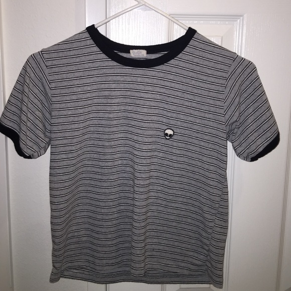 Brandy Melville Gray and White Striped Tee w/👽
