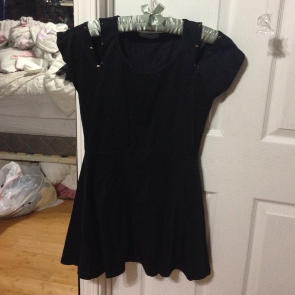 Gold spiked cut out shoulder black mini dress