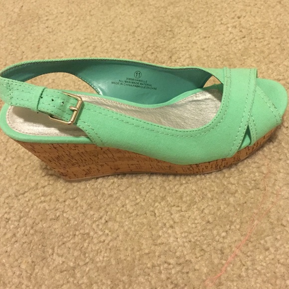 Sea foam or mint green open toe wedges