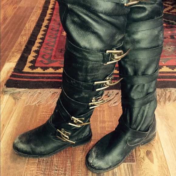 Black Knee high distressed LEATHER boots fits tts - Picture 1 of 4