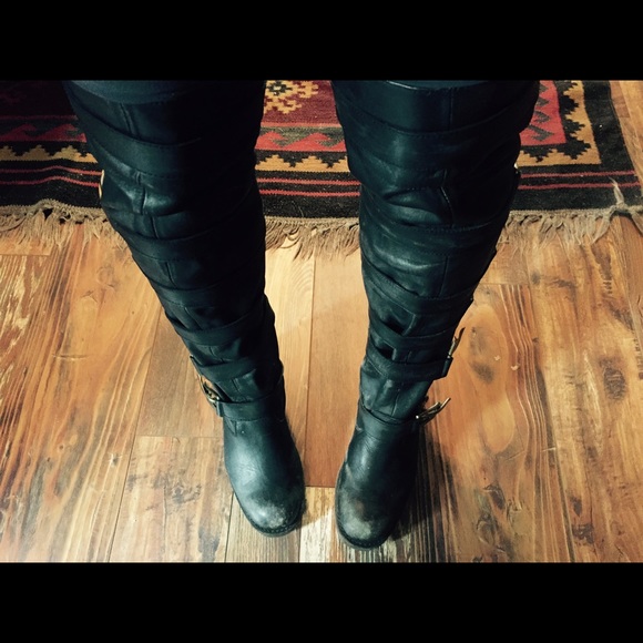 Black Knee high distressed LEATHER boots fits tts - Picture 3 of 4