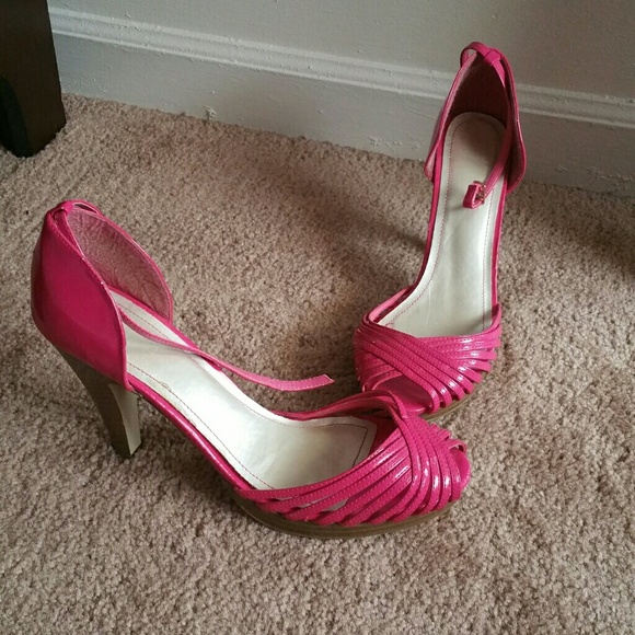 Pink ankle strap shoes with wooden heels