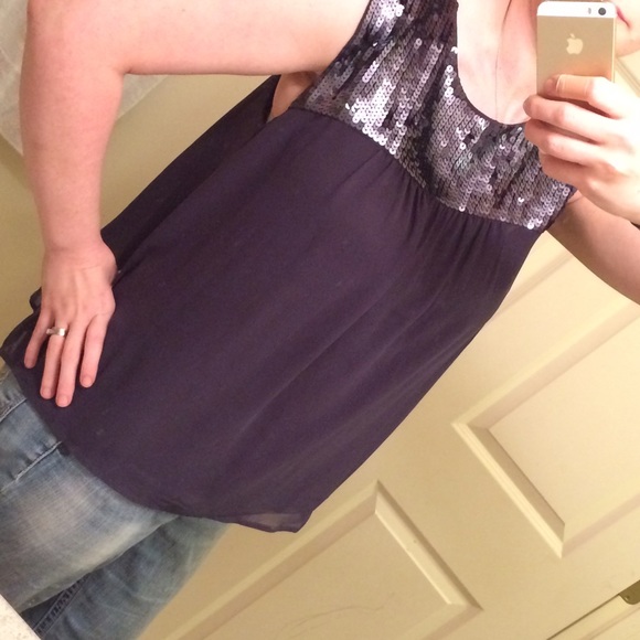 LOFT dark blue-grey sequined baby doll blouse - Picture 3 of 3