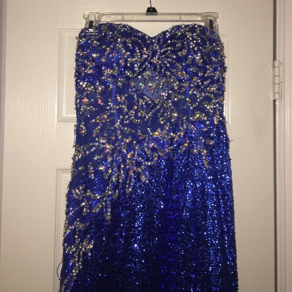 Medium sapphire blue beaded strapless prom dress - Picture 1 of 4
