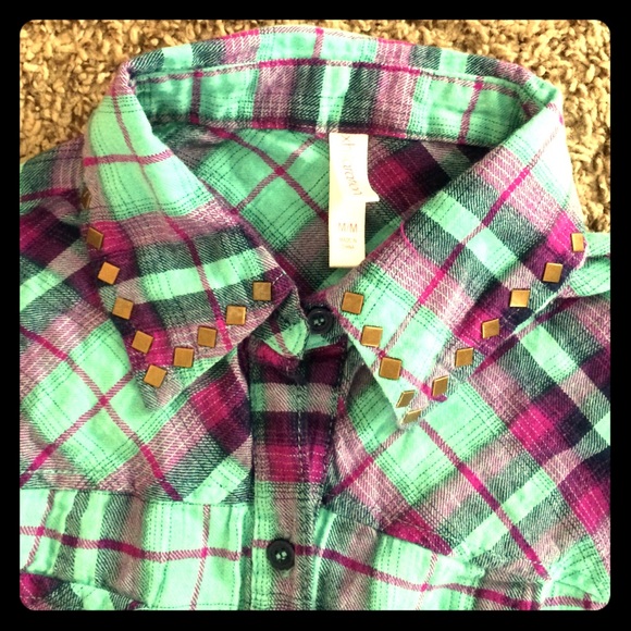 Aqua and purple plaid flannel