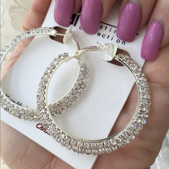 Jewelry - 2" Double Row Rhinestone Hoop Earrings