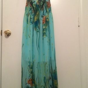 Tube top maxi dress. Teal and floral print. Sheer.