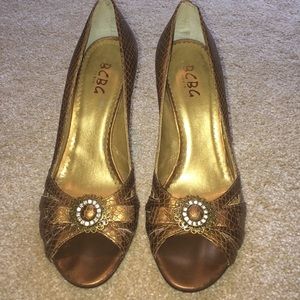 BCBG Gold Snakeskin Peeptoe Heel with jewel detail
