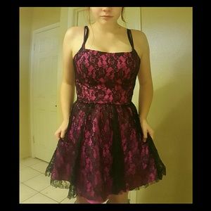 Hot Pink Dress With black Rose Lace Overlay